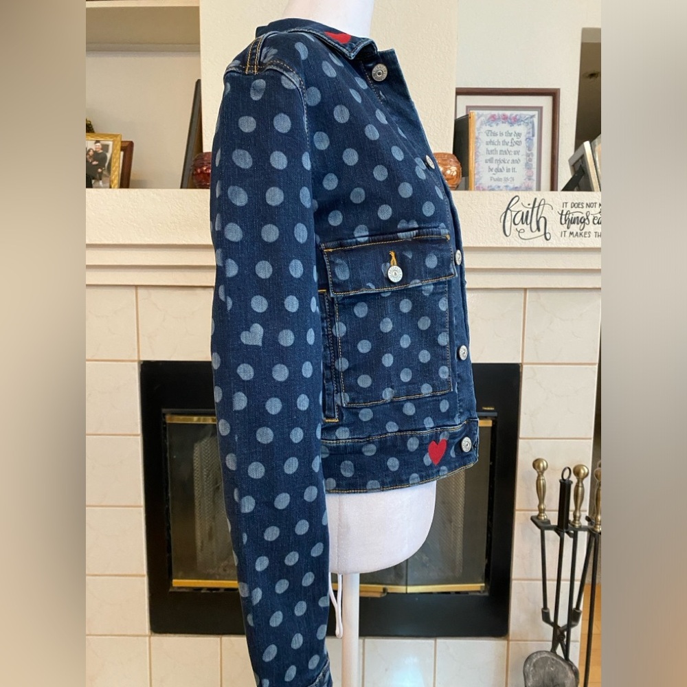LulaRoe Kenny Denim Jacket Polka Dot, Hearts, Dark/Light Blue, Size Extra Small - Picture 2 of 13